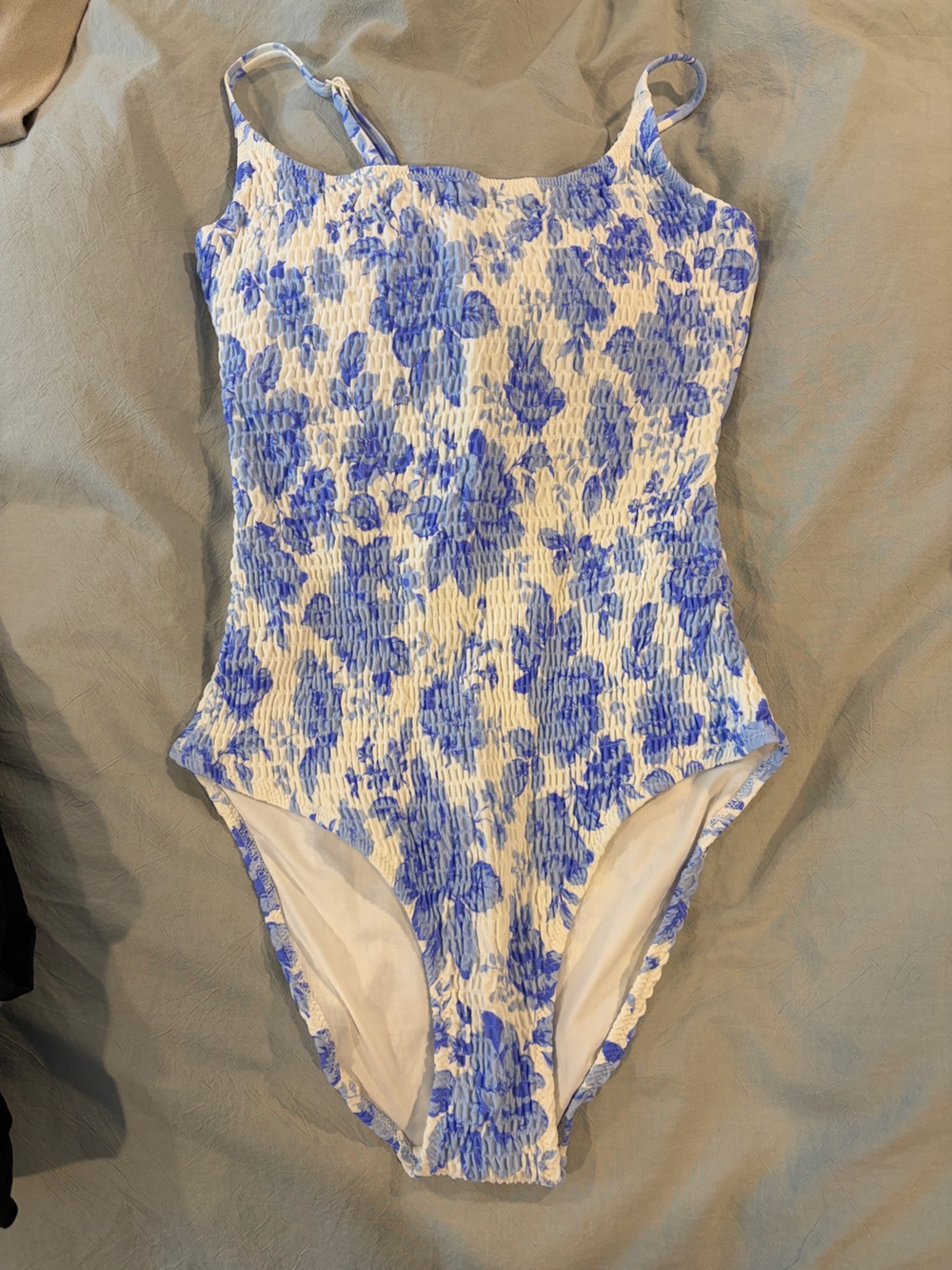 Aerie Smocked White Blue Floral Print Smocked One Piece Swim Small
